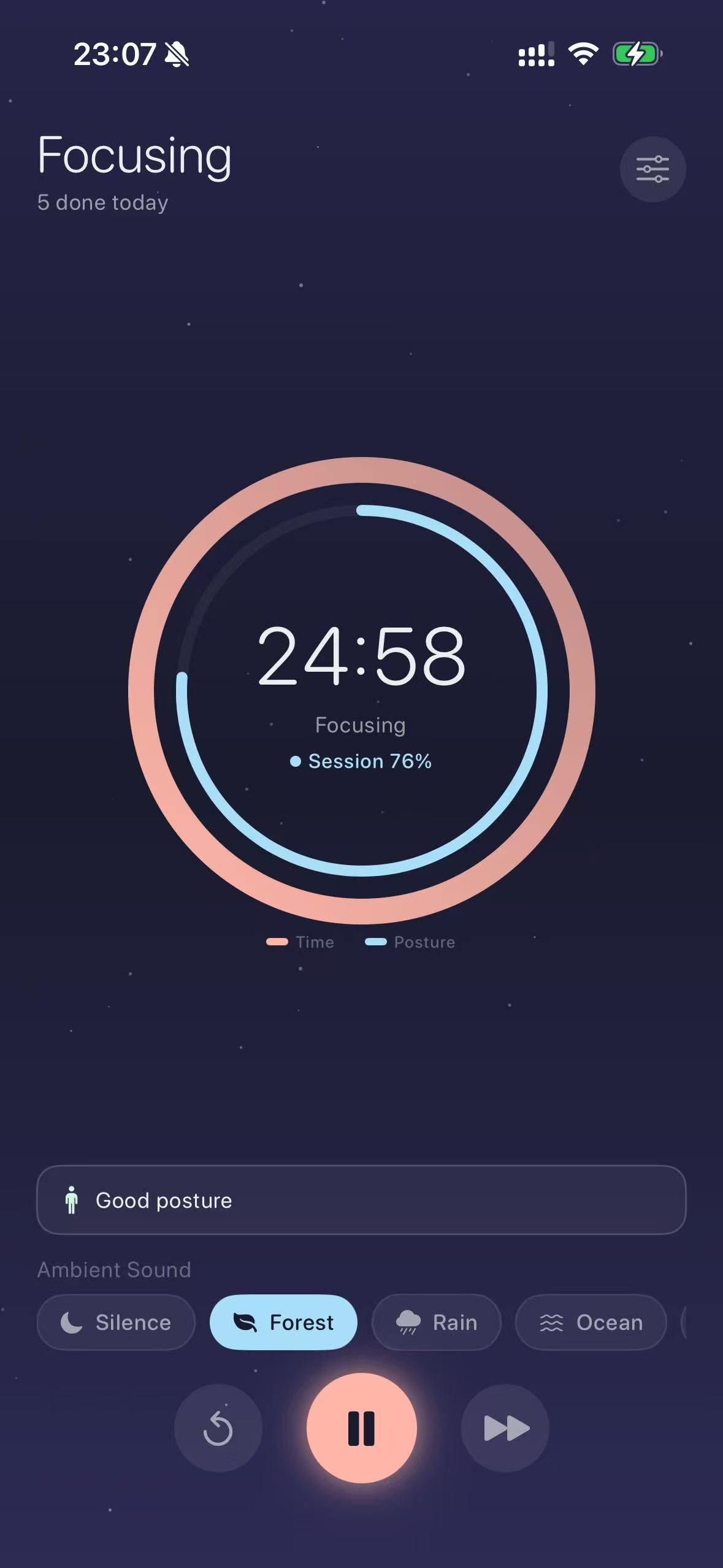 NeckUp focus timer with a dual-color progress ring showing time and posture, plus ambient sound selectors