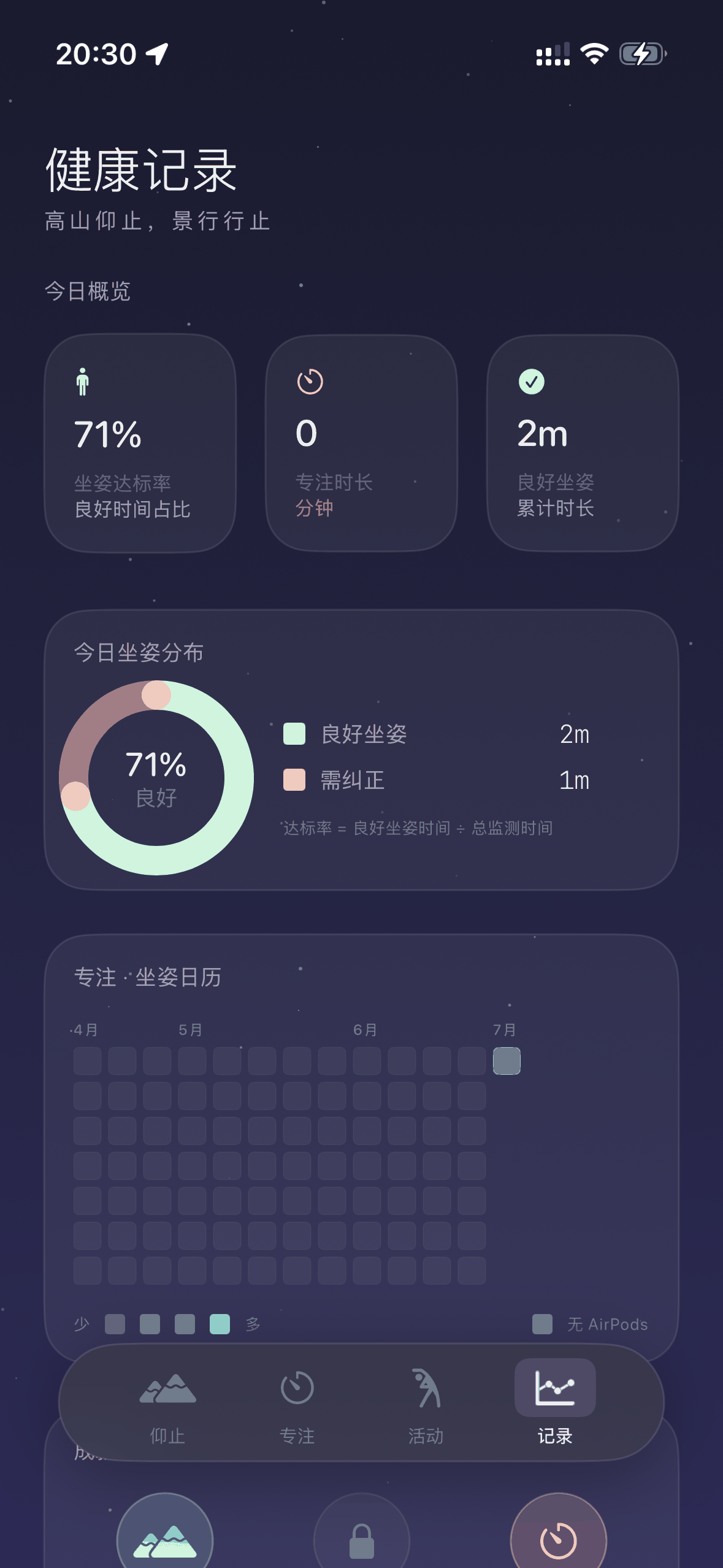 仰止健康记录:坐姿环形图与专注 · 坐姿日历热力图